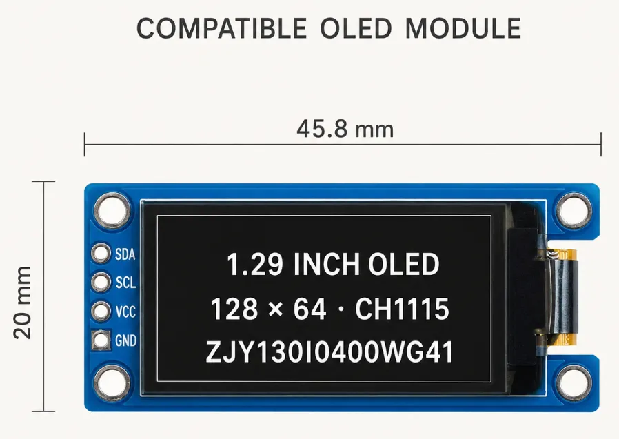 Compatible ZJY130I0400WG41 1.29-inch CH1115 OLED module with 45.8 by 20 millimetre dimensions