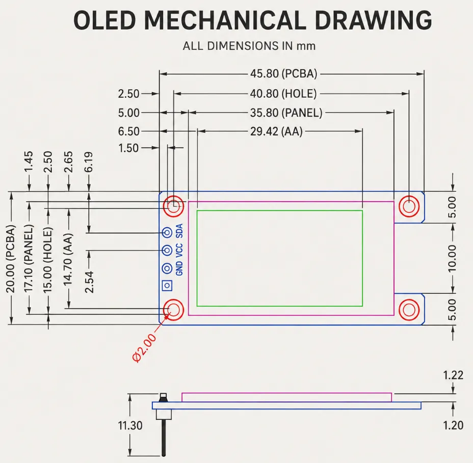 Mechanical drawing of the ZJY130I0400WG41 OLED with PCB, panel, active area, and mounting-hole dimensions